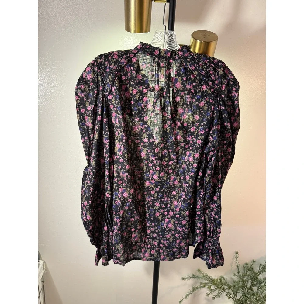 Free People Blouse med floral meant to be black feminine puff sleeve romantic ec